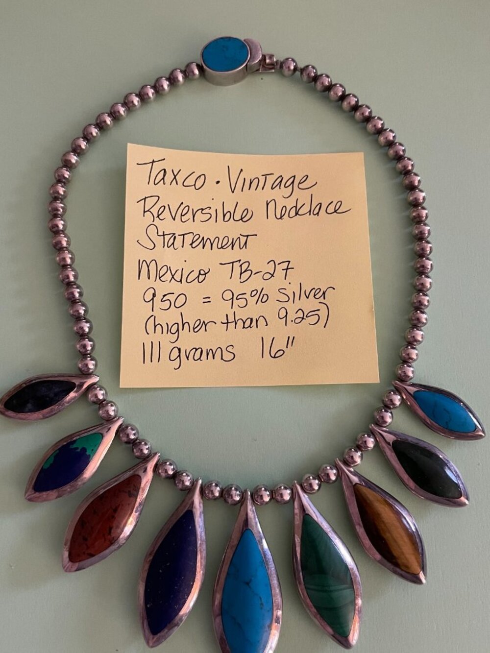 Vintage Taxco Sterling Silver Necklace 16" Reversible Onyx 111 grams 950 Mexico - Picture 16 of 16